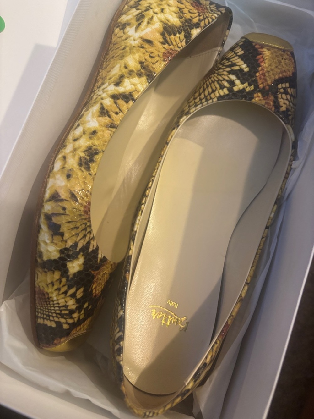 Butter Yellow Snake-Print Ballet Flats